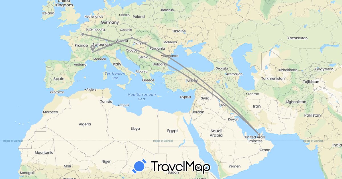 TravelMap itinerary: driving, plane in United Arab Emirates, France, Slovakia (Asia, Europe)